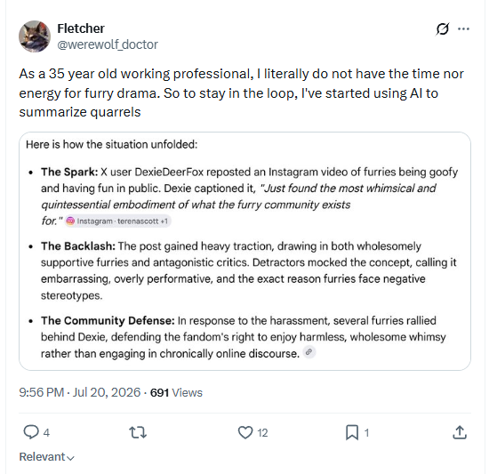 Fletcher's post about using AI to summarise furry drama